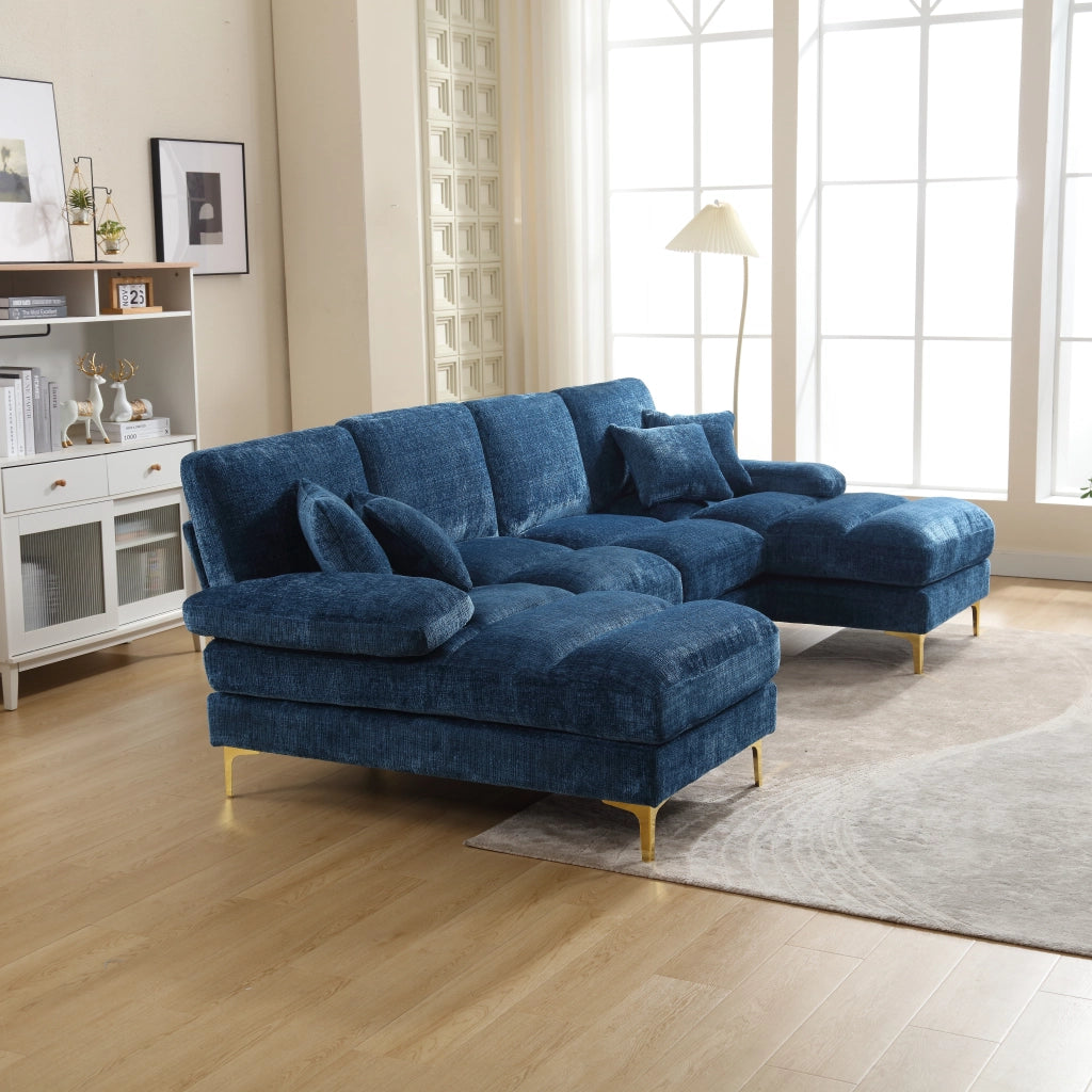 OKWISH Divano Panoramico a U, 4 Posti con Doppia Chaise Longue, Seduta Ergonomica e Cuscini, Ciniglia Blu