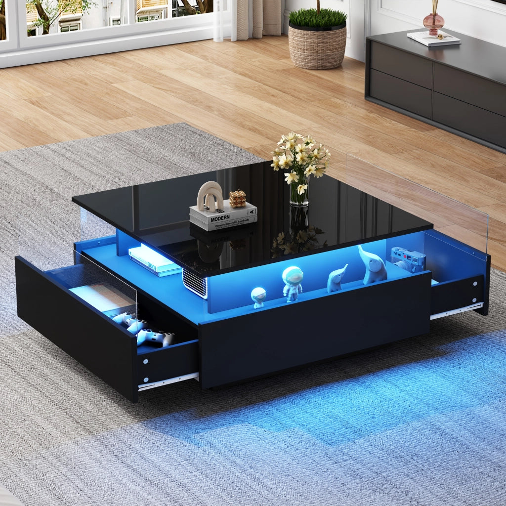 Tavolino da caffè 70x70x41 cm; LED regolabile via app con 2 cassetti; pannello lucido; truciolato nero