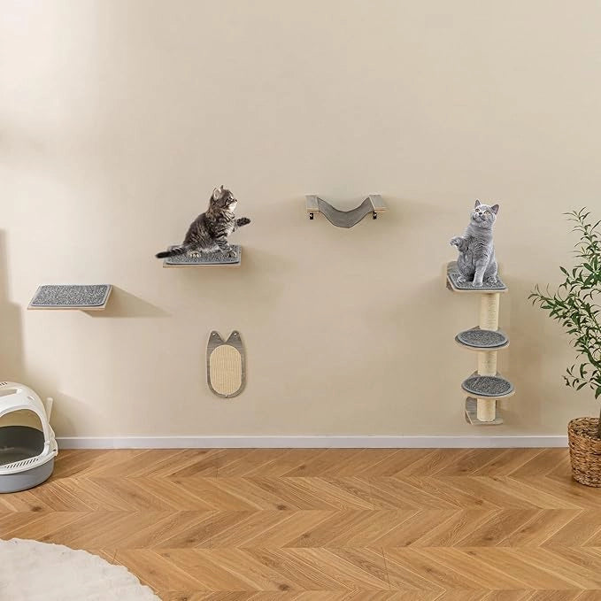 Mensole da Parete per Gatti da Arrampicata, Set Mobili a Muro con 4 Livelli, Amaca, Pannello Graffiato e Tappetini, 2 Piattaforme di Lancio, Albero Tiragraffi Salvaspazio (Modello 4)