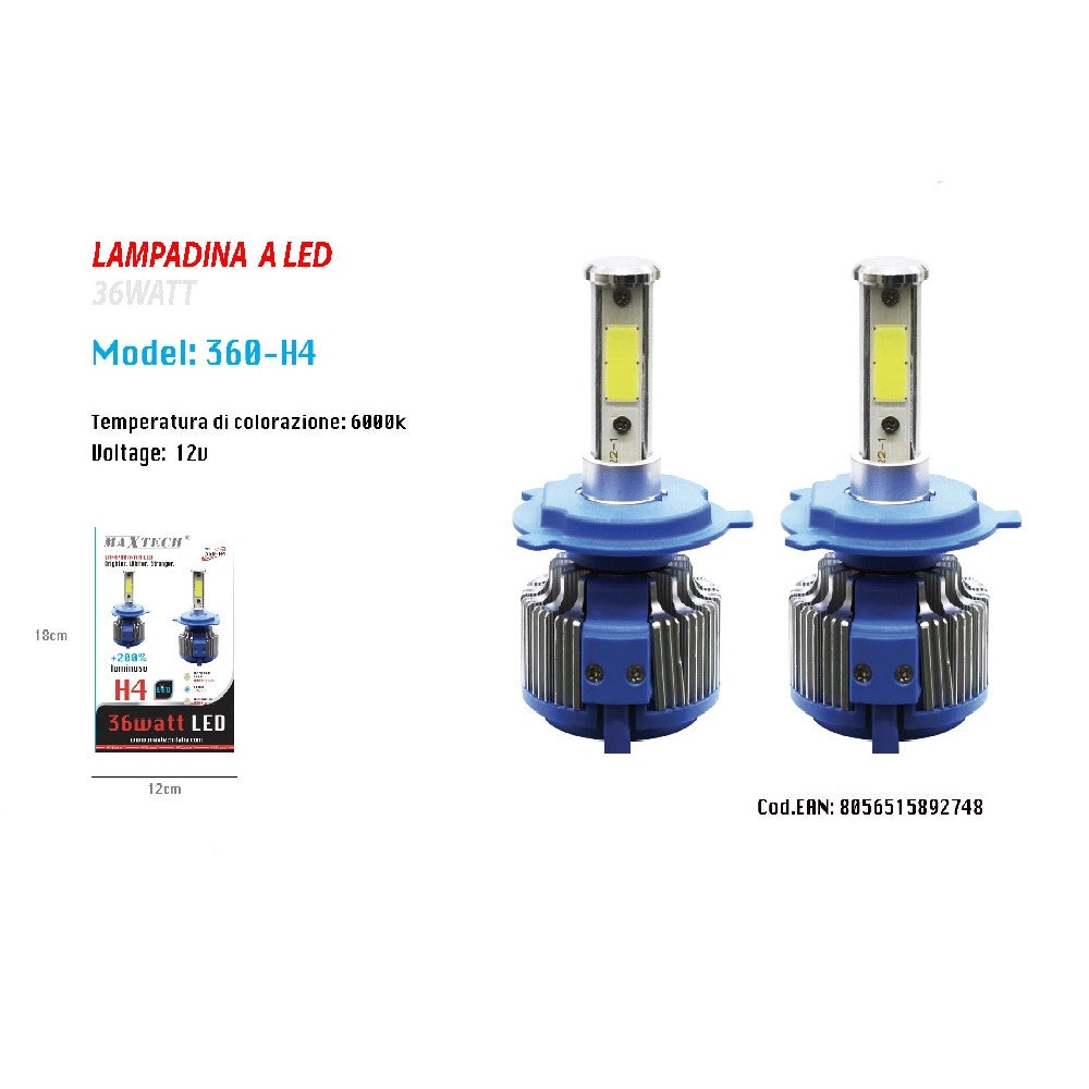 Trade Shop - Coppia Lampade Led Ricambio Auto H4 Led 8000 Lumen 6000k 12v 36w Maxtech 360-h4 -