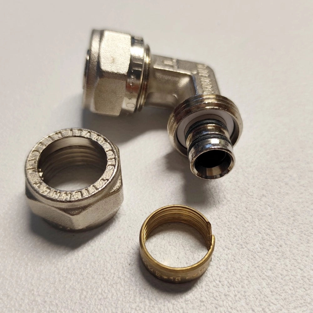 Raccordo 20x20mm curvo gomito doppio a stringere per tubo multistrato
