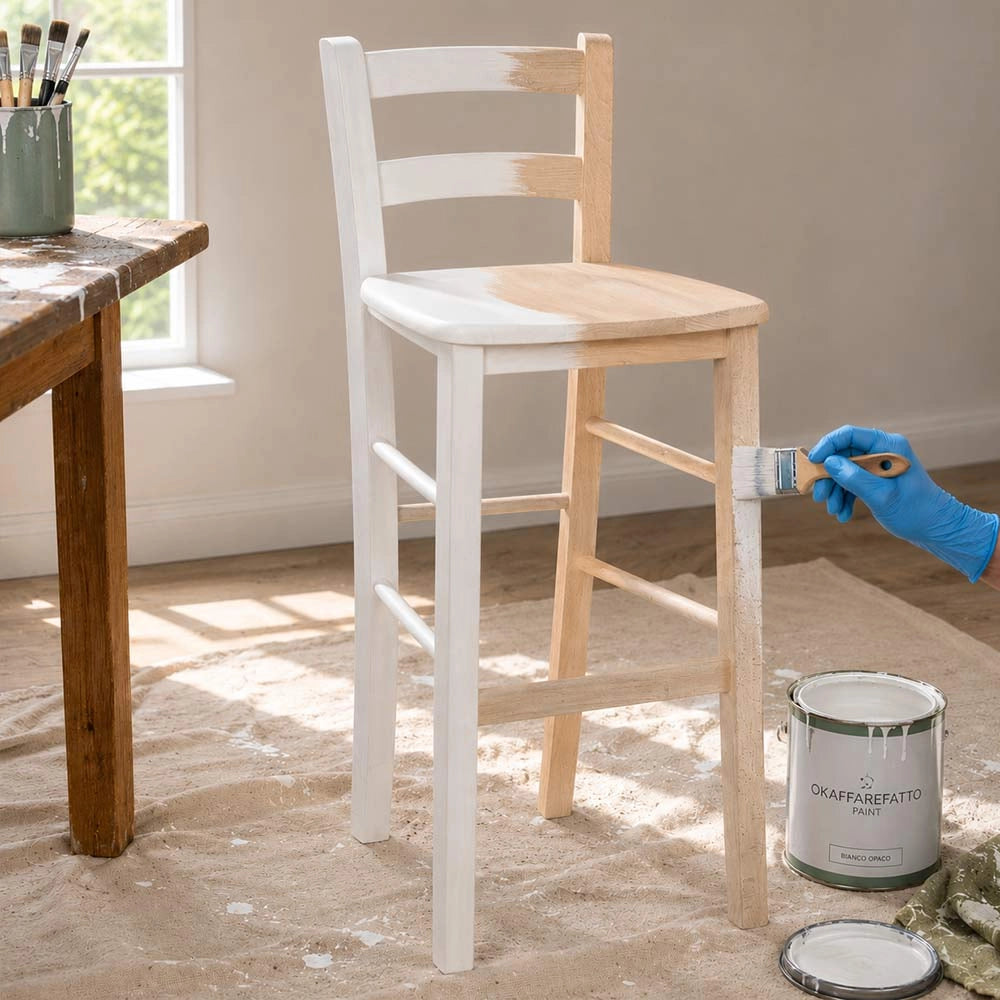 Sgabello legno grezzo con schienale e seduta legno massello h 67cm