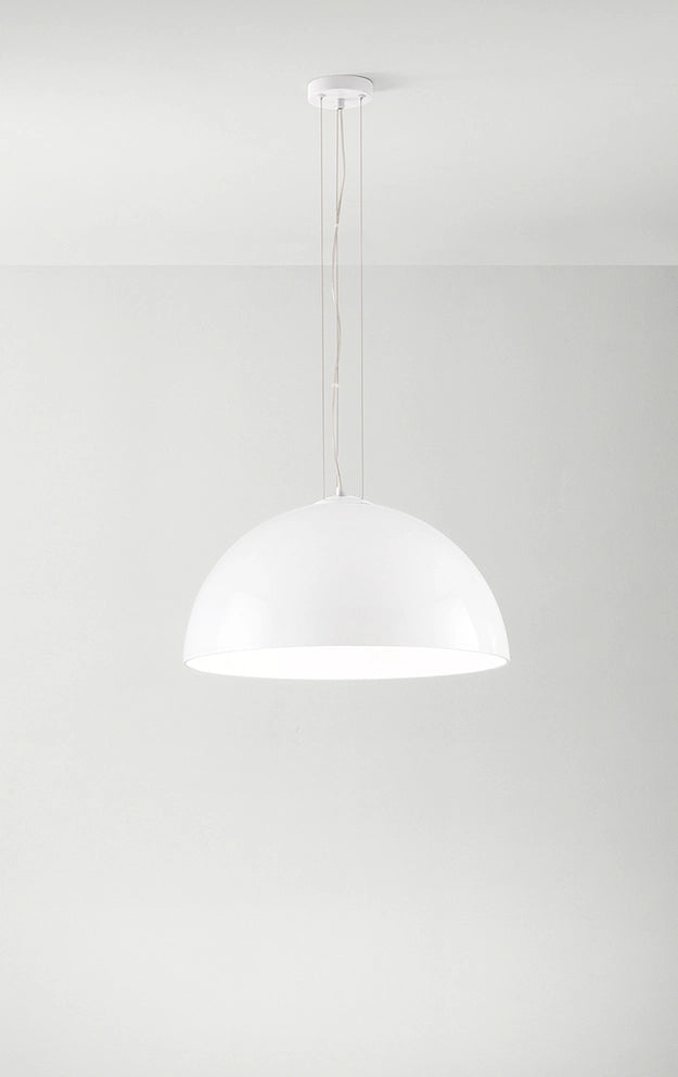 Lampada a Sospensione in Vetro Bianco Opale, Struttura in Metallo e Alluminio, Design Moderno e Minimalista, Attacco E27, D.50 x H.175 cm - Perenz