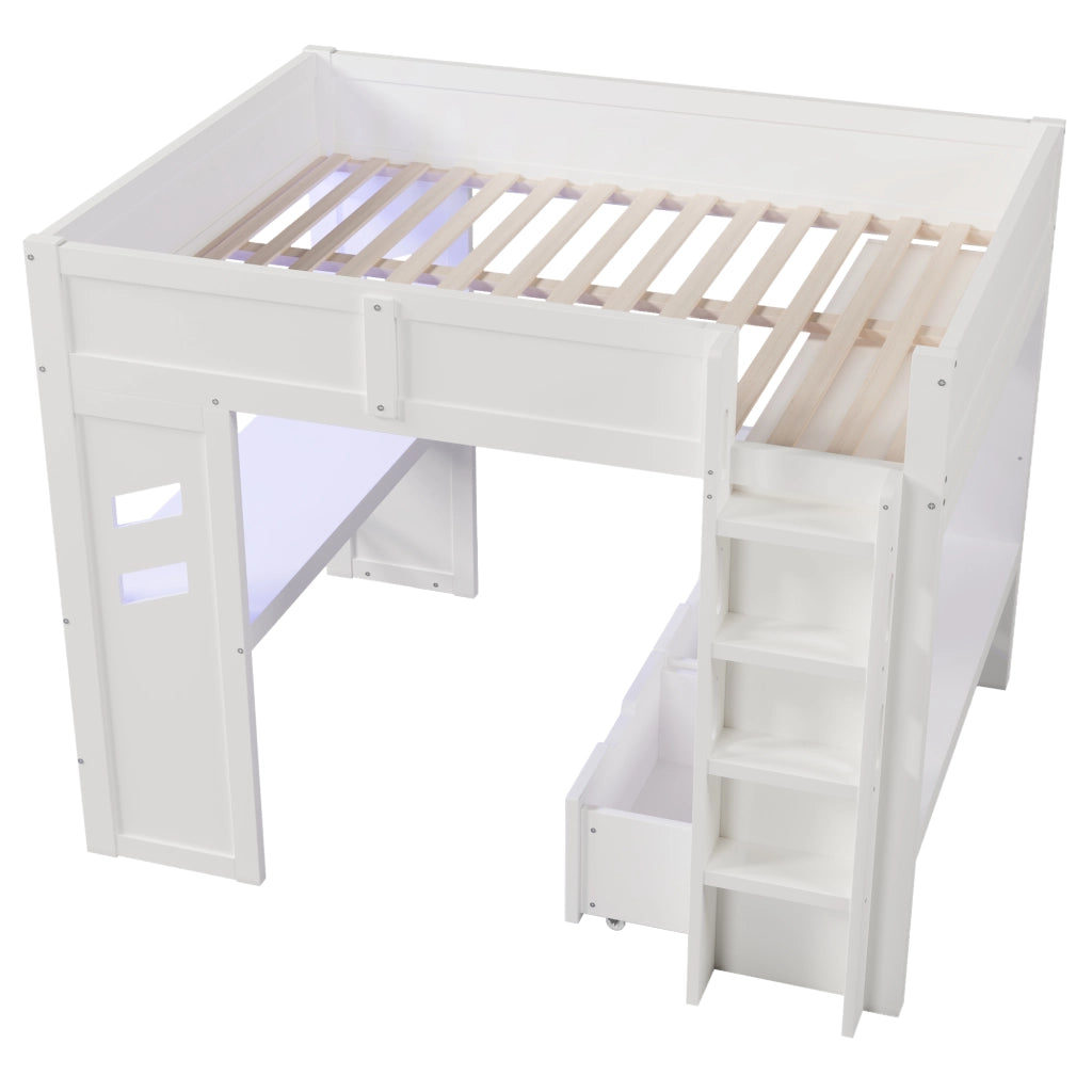 Letto a soppalco 140×200 cm con scrivania; LED; USB; Type-C; 2 cassetti e stender; senza materasso; bianco