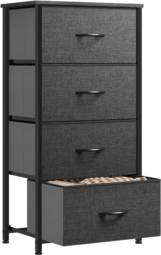 Cassettiere di Stoccaggio in Tessuto con 4 Cassetti per Camera da Letto Sala da Pranzo Armadio in Acciaio Robusto, Bucati Tessuti Facili da Trascinare e Superficie in Legno - Nero Grigio
