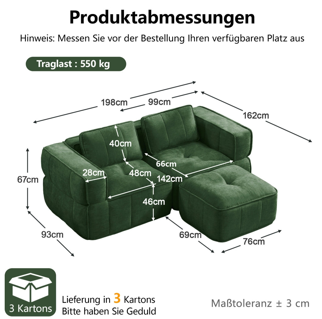 Divano modulare con pouf in poliestere verde; 198 x 162 x 67 cm