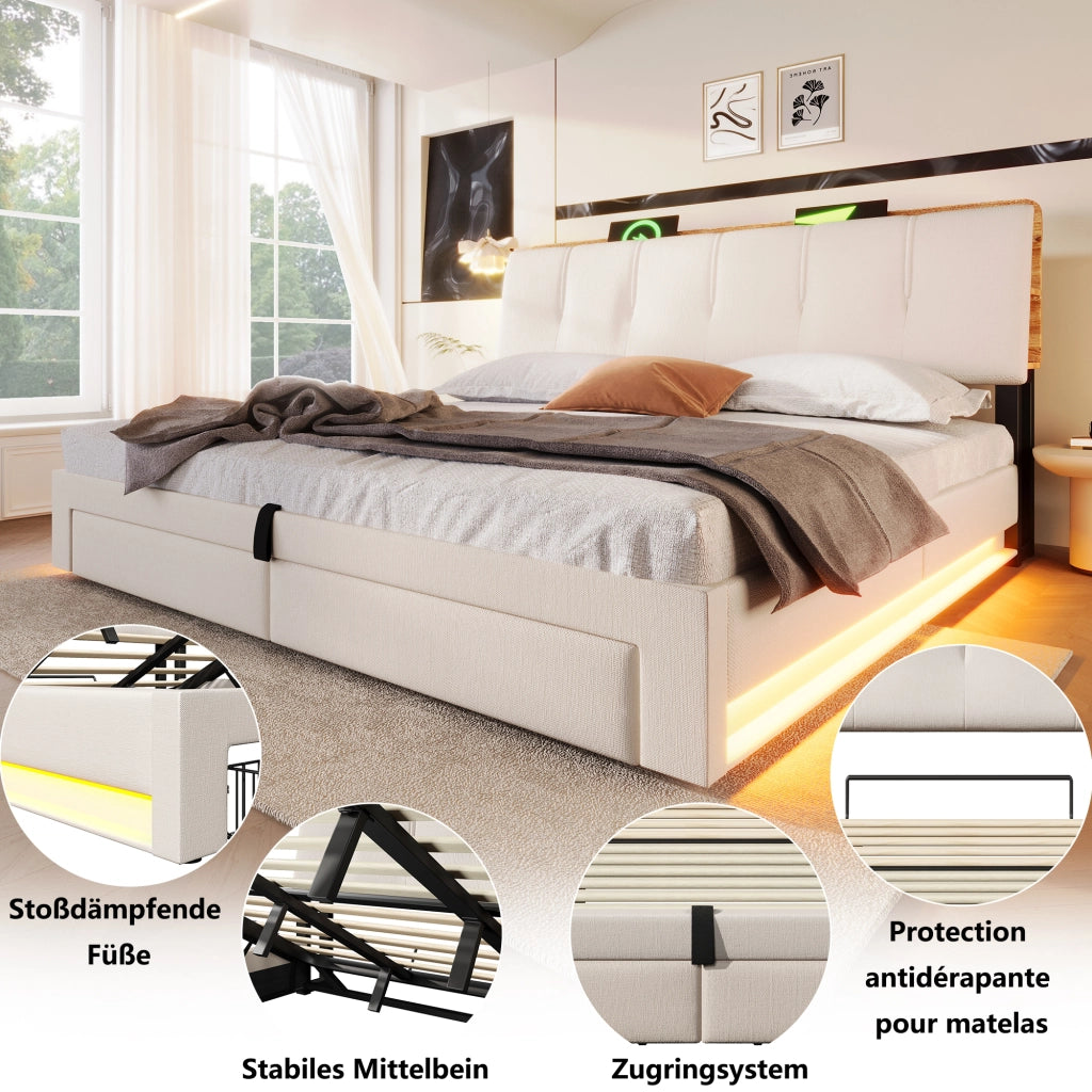 DESMIU Letto contenitore 180 × 200 cm 2 posti con USB, Type-C, LED, senza materasso, in lino, beige