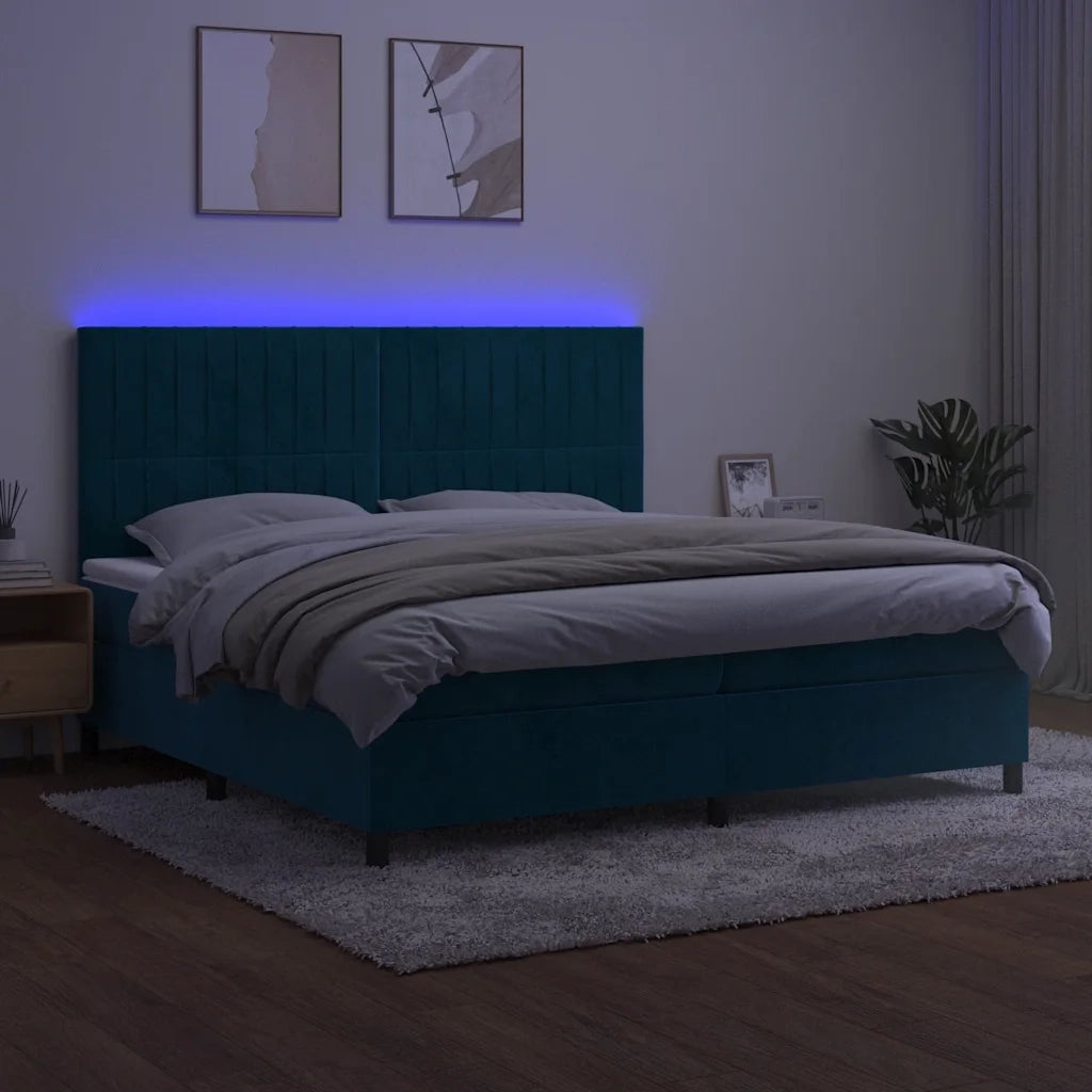 Letto a Molle con Materasso e LED Blu Scuro 200x200 cm