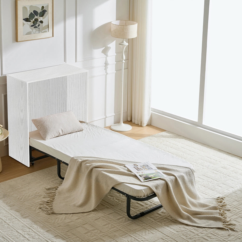 Mobile Letto a Scomparsa Singolo Salvaspazio con Materasso Incluso Pieghevole Bianco
