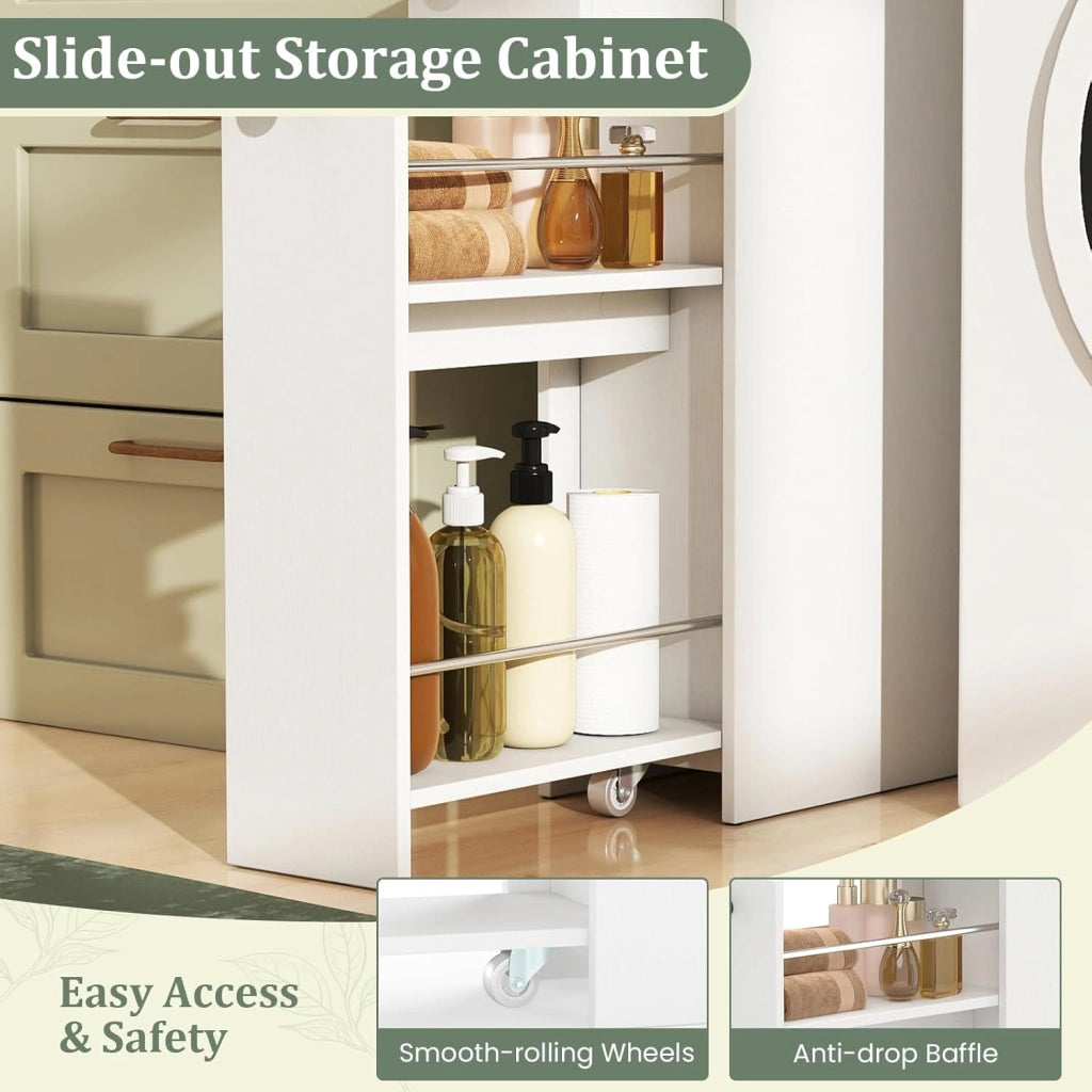 Armadietto da Bagno Stretto, Mobile Salvaspazio da Terra con 2 Ruote e 2 Cassetti Estraibili, Carrello Portaoggetti in Legno per Cucina e Lavanderia, 40 x 18 x 70 cm
