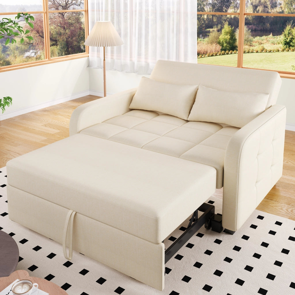 Divano Letto 2 Posti con Schienale Regolabile in 3 Posizioni e 2 Cuscini, Schiuma Beige 127 × 75 × 94 cm