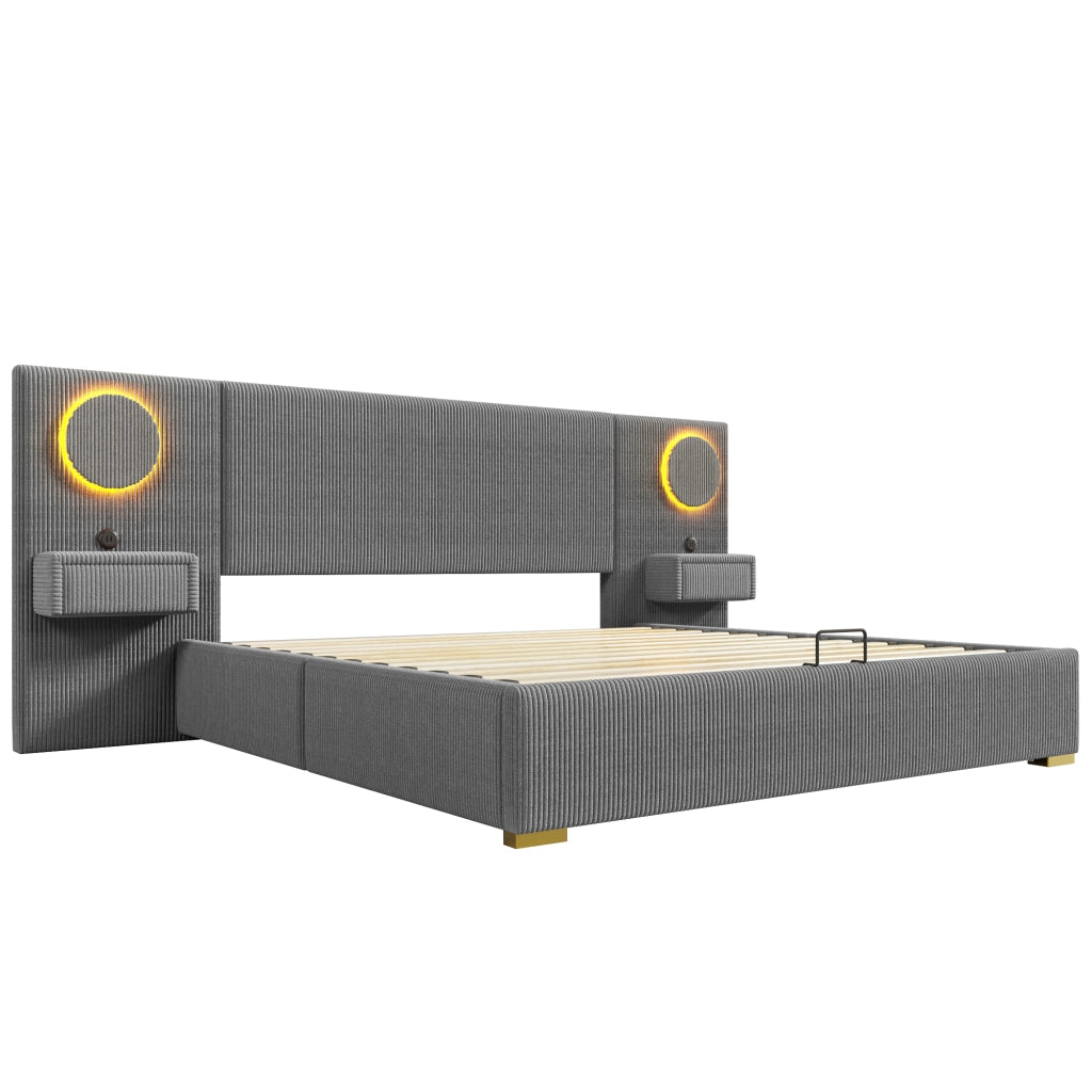 Letto Contenitore 180x200 cm con USB; LED e sollevamento idraulico; in Velluto; Grigio