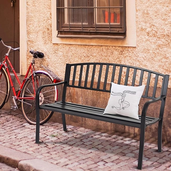 Panchina da Esterno, Panca in Metallo con Schienale Squisito, Braccioli Ergonomici e Sedile Ampio, Panchina da Giardino, Balcone e Cortile, Portata 280 kg (Righe)