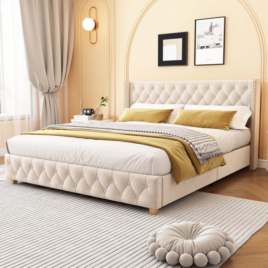 Letto imbottito 180x200 cm con testiera capitonn茅 e borchie; velluto beige chiaro (Senza materasso)