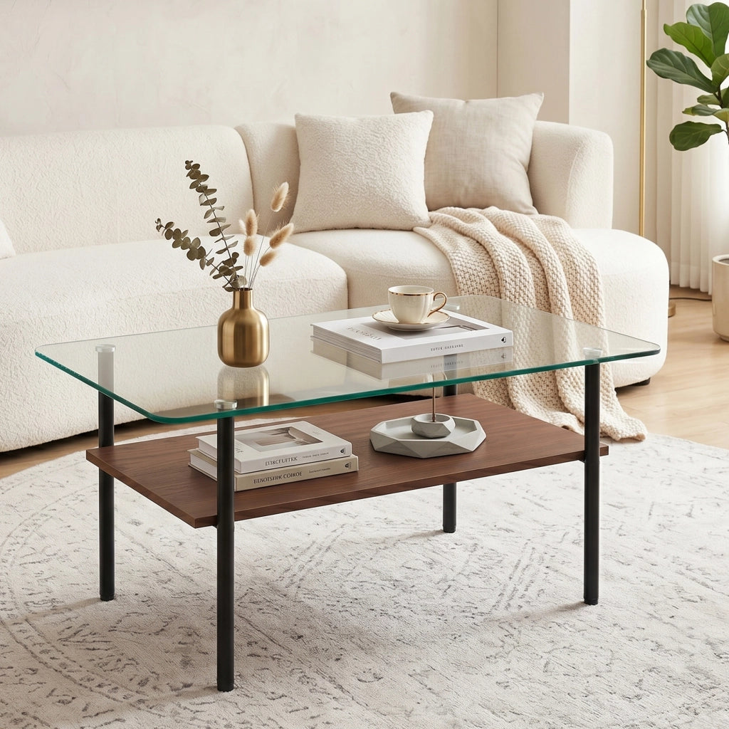 Tavolino basso con piano in vetro temperato e ripiano in MDF, struttura in metallo, nero e marrone, 98 × 58 × 45 cm