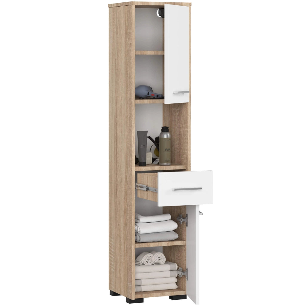 Colonna da bagno AKORD FIN Sonoma Quercia 30 cm 2 ante 1 cassetto inserto frontale Bianco 30x30x140 cm