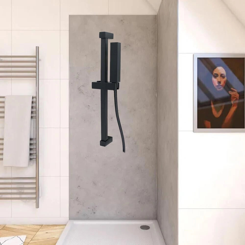 Trade Shop - Saliscendi 60cm Doccia Nero Con Doccino Soffione Quadrato Bagno 87495 Tubo 180cm -