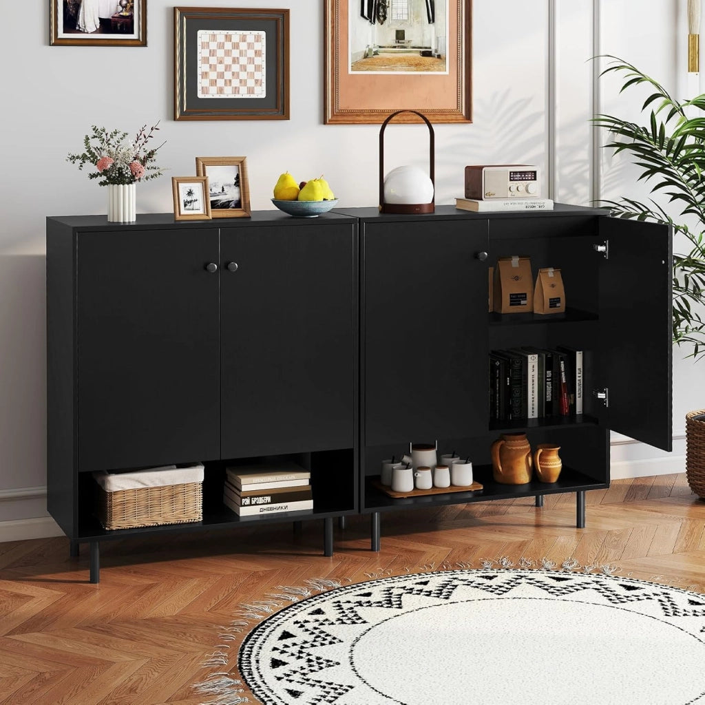 Armadio da cucina con 2 ante e 1 ripiano aperto, credenza con ripiani regolabili, credenza buffet 75 x 35 x 95 cm, armadio per soggiorno, sala da pranzo (Nero)