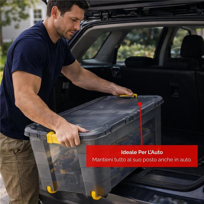 BOX CONTENITORE 40L CON COPERCHIO E RUOTE 59X39X27,4 CM GRAFITE TRASPARENTE/AMBRA – SCATOLA PORTAOGGETTI SALVASPAZIO CON ROTELLE PER CASA E RIPOSTIGLIO