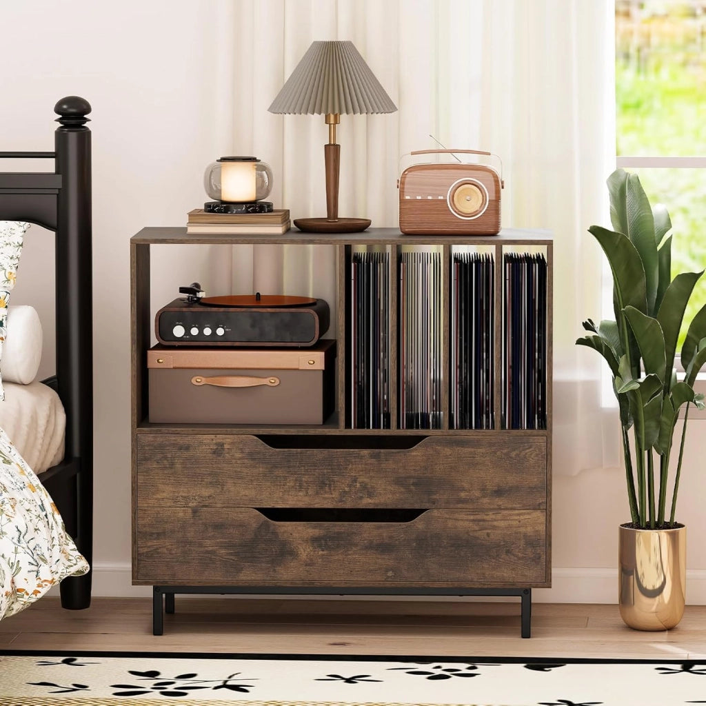 Supporto per Giradischi, Porta Dischi Vinile con 4 Ripiani per Vinili e 2 Cassetti, Armadio per Dischi Fino a 250 Album, per Soggiorno, Studio e Camera da Letto, 91 x 35 x 87 cm (Marrone)