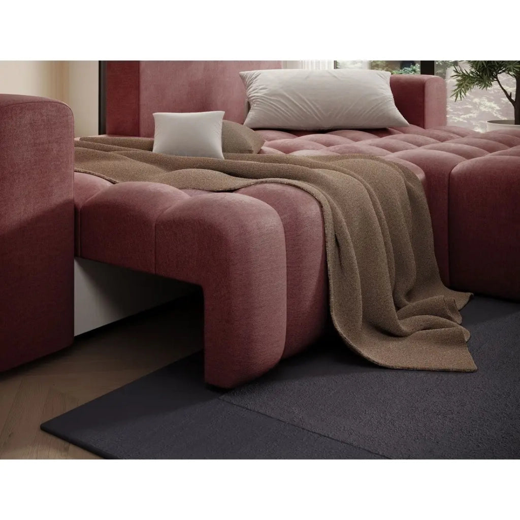 Divano angolare trasformabile DORY rosa 250 cm con vano contenitore angolo destro