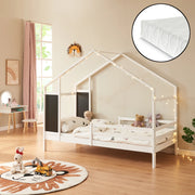 Letto a Casetta Lorenskog per Cameretta con Materasso 90 x 200 cm in Legno di Pino con Barriera Anticaduta - Bianco [en.casa]
