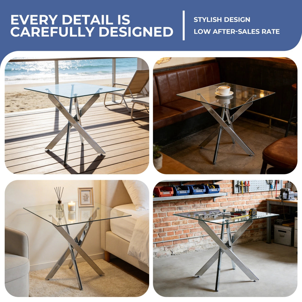 Tavolo da pranzo quadrato con piano in vetro e gambe in metallo per cucina e soggiorno argento 80 × 80 × 75 cm