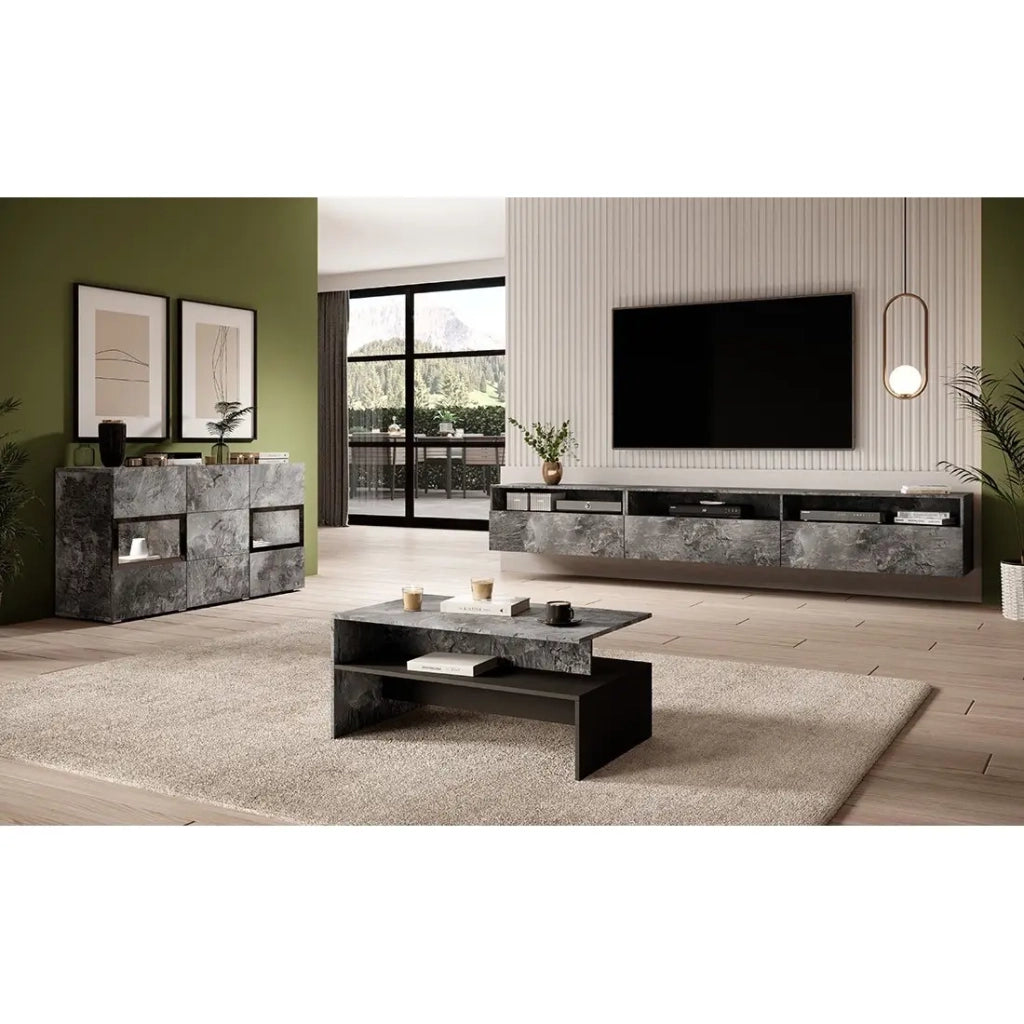Tavolino design RAMOS - Grigio effetto ardesia e nero - Ripiano intermedio - Stile contemporaneo