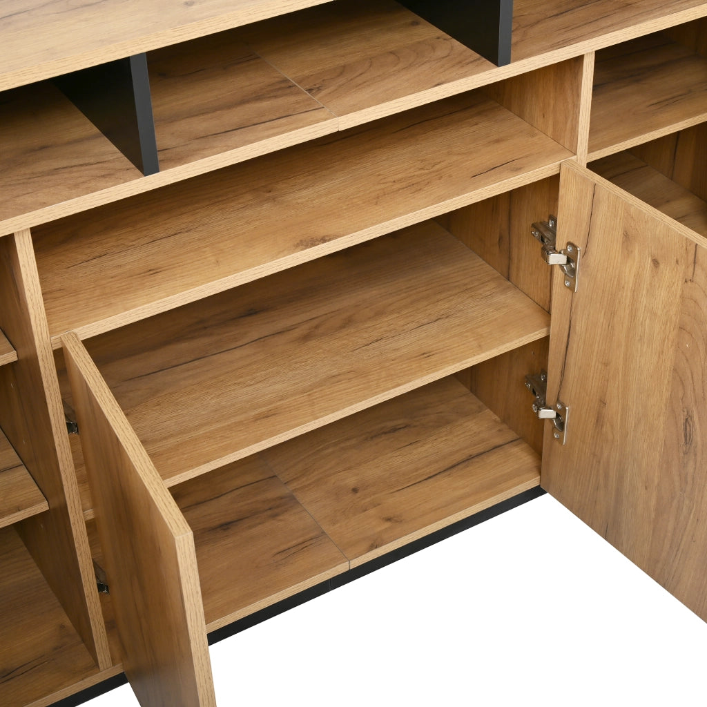 Credenza moderna in truciolato naturale e nero con 4 ante e 3 vani aperti, 140x40x85 cm