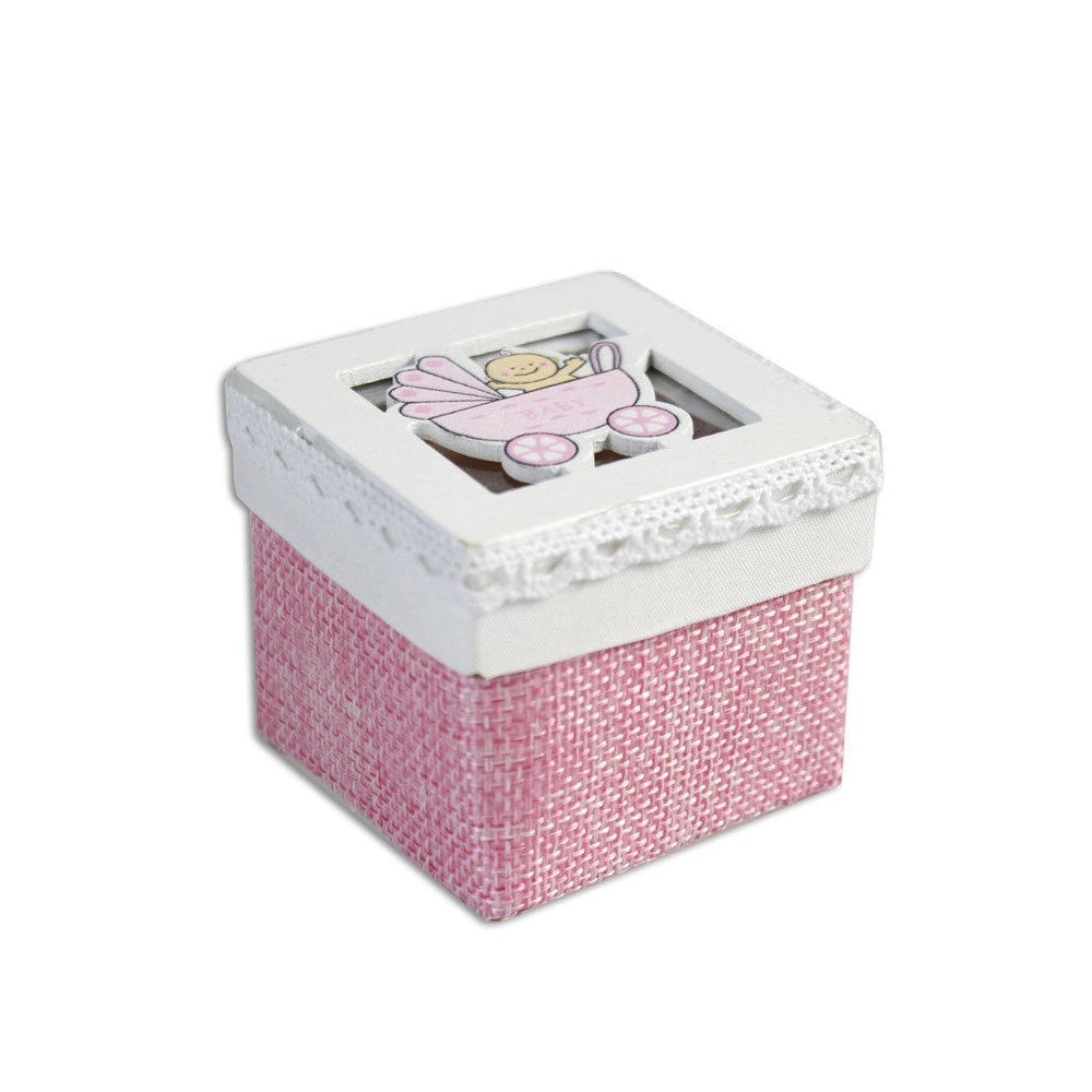 Trade Shop - Set Cubo Rosa Porta Confetti Con Carrozzino Bomboniera X Nascita Battesimo Bimba -