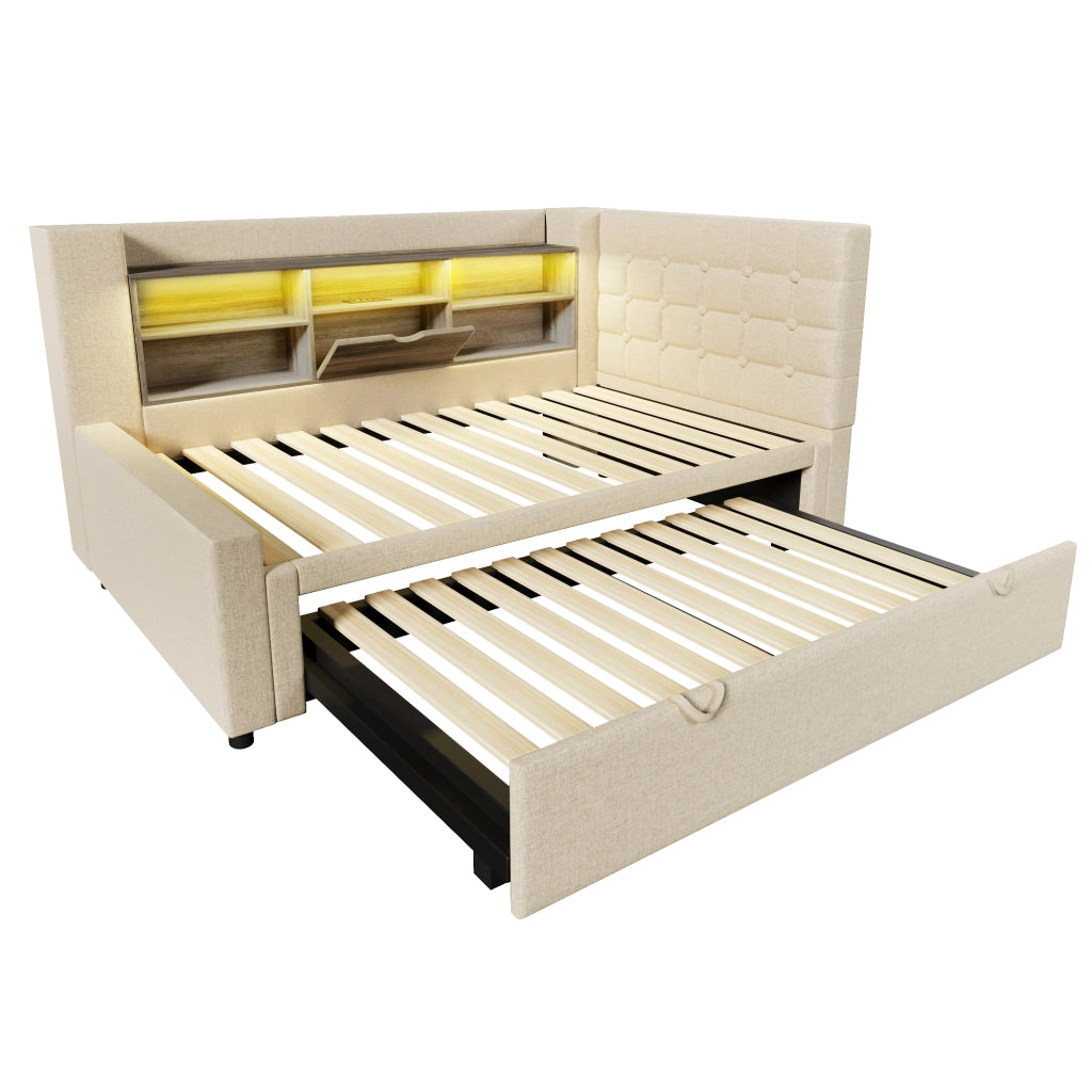 Letto imbottito 90x200 cm con letto estraibile, LED, prese USB, testiera L reversibile e contenitore