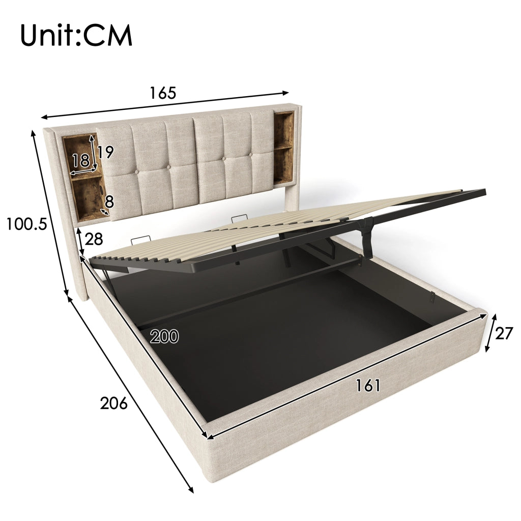 OKWISH Letto Contenitore 160×200 cm, Letto Matrimoniale con Ricarica Wireless, USB, Tipo C e Mensole, senza Materasso, in Lino, Naturale
