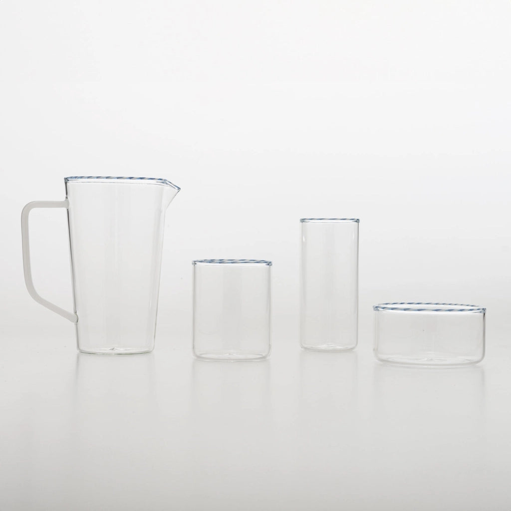 Set 6 Bicchieri Tumbler Intrecci in Vetro Borosilicato Soffiato a Mano, Finitura Bianco e Blu, Design Elegante e Resistente agli Shock Termici