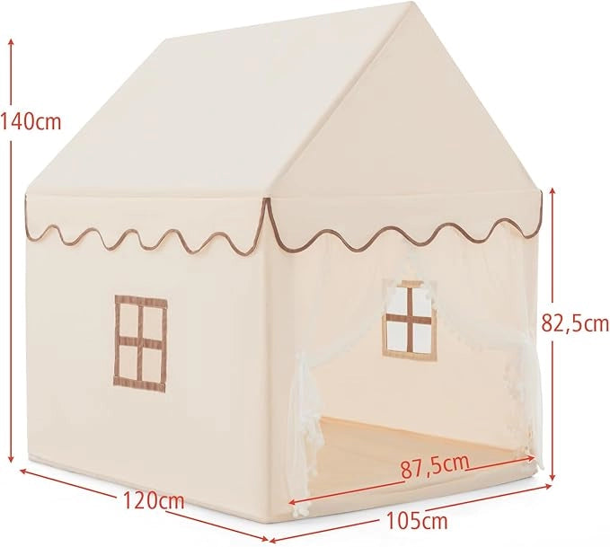 Tenda da Gioco per Bambini, Casetta per Bambini con Struttura in Solido Legno, Tappetino di Cotone, Tenda a Rete e Finestre, 105x120x140 cm (Beige)