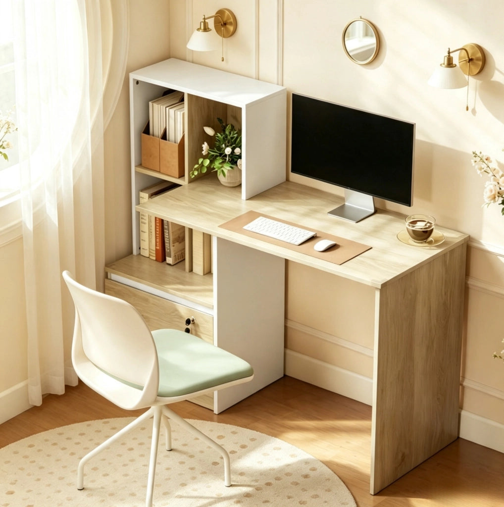 Scrivania per computer con libreria, cassetto chiudibile e 4 vani