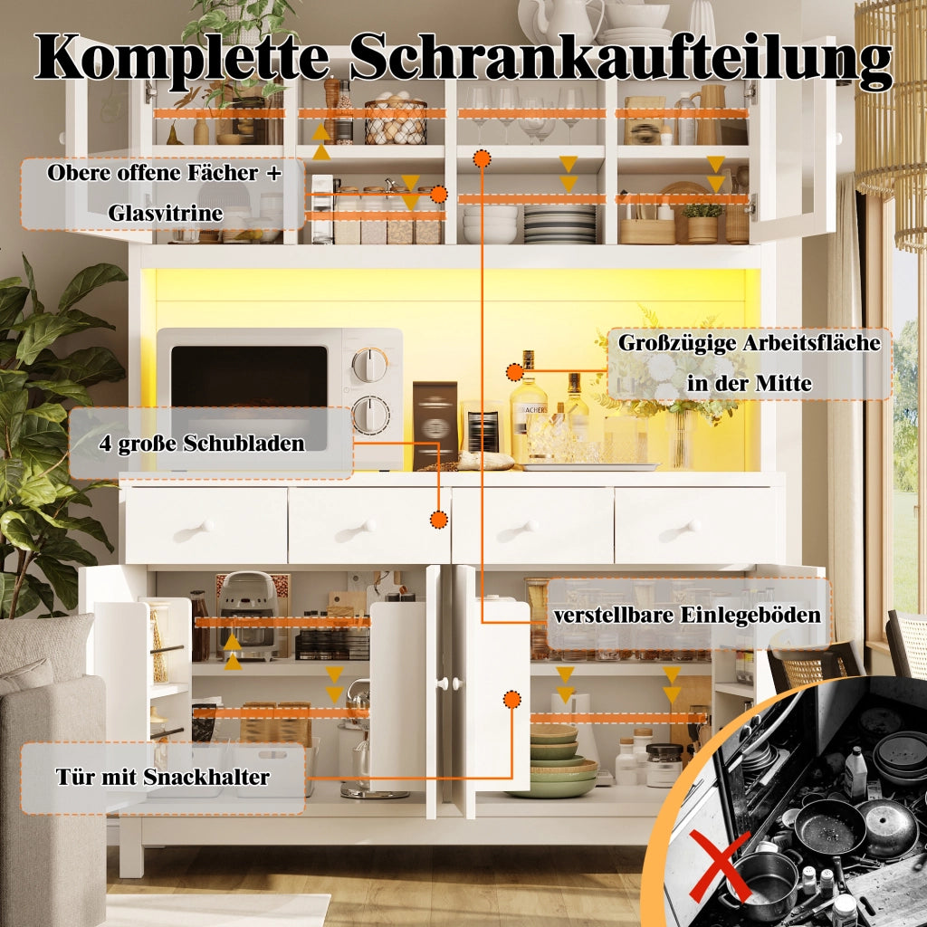 Credenza alta con LED RGB e ante in vetro 4 cassetti ripiani regolabili in MDF bianco 140 × 38,5 × 180 cm