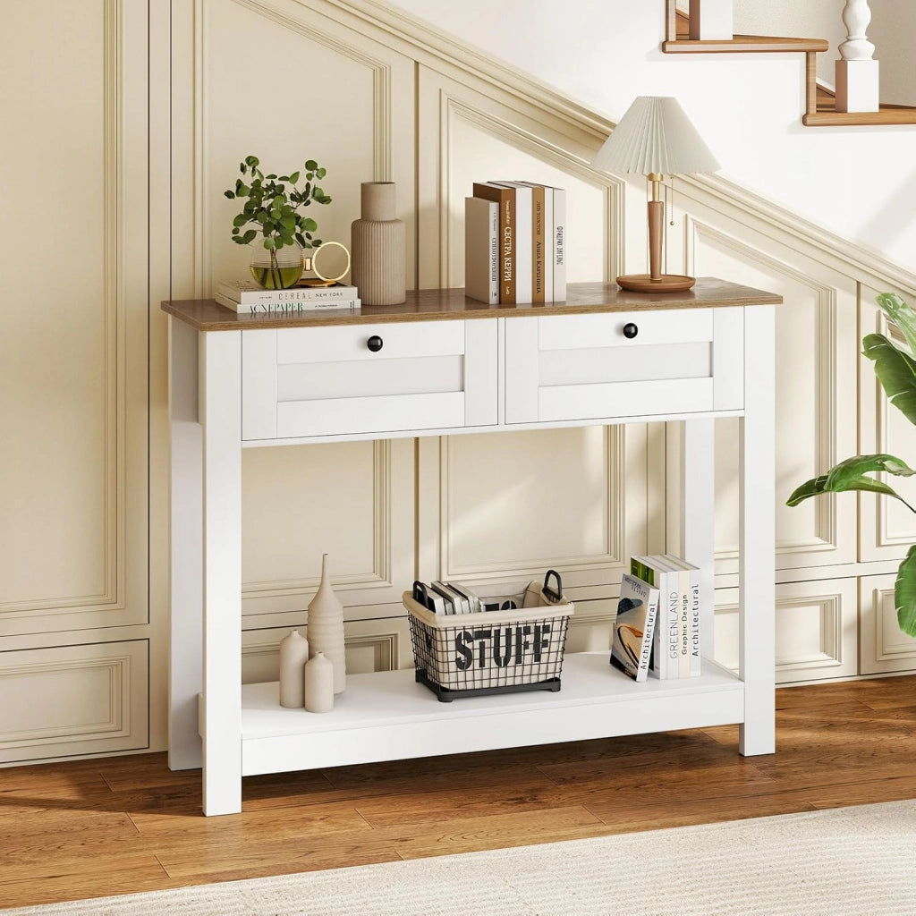 Tavolo consolle in legno a 2 livelli, mobile d'ingresso con 2 cassetti e ripiano inferiore, 106 x 30 x 81,5 cm, stile rustico, tavolino ausiliario stretto per soggiorno, corridoio