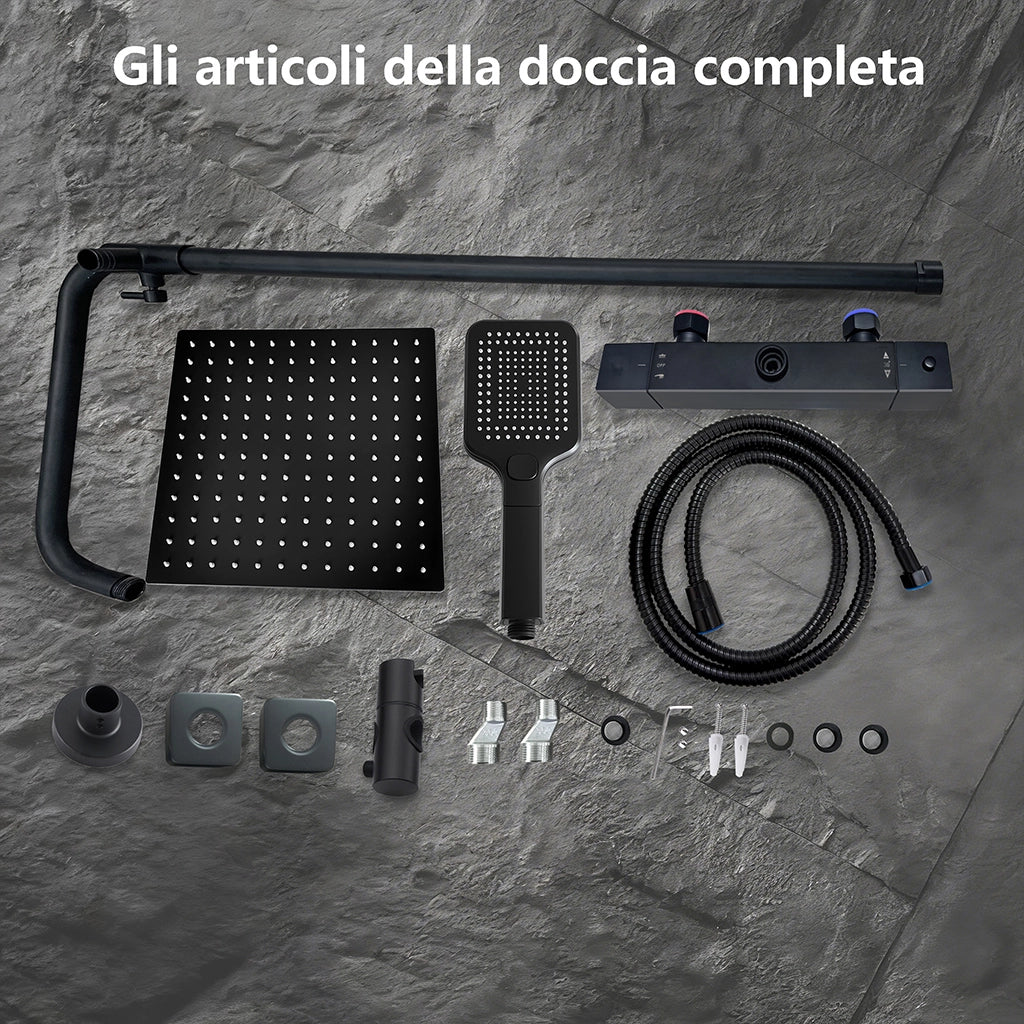 Miscelatore termostatico doccia con soffione 30x30cm e doccetta 25x10cm, colonna doccia cilindra nero