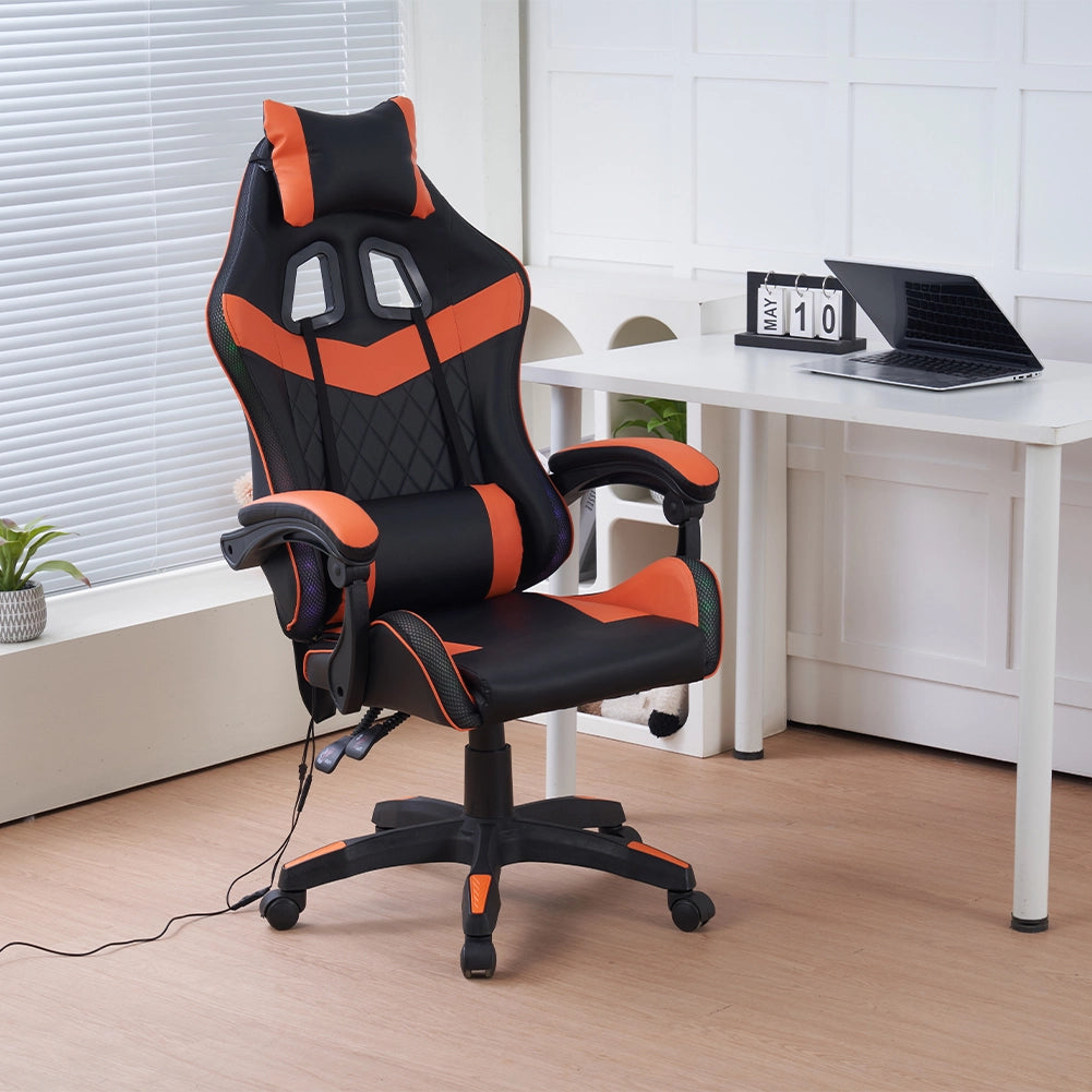 Sedia da Gaming con Led RGB Altezza Regolabile 106-116 cm in Pelle PU Arancione e Nero