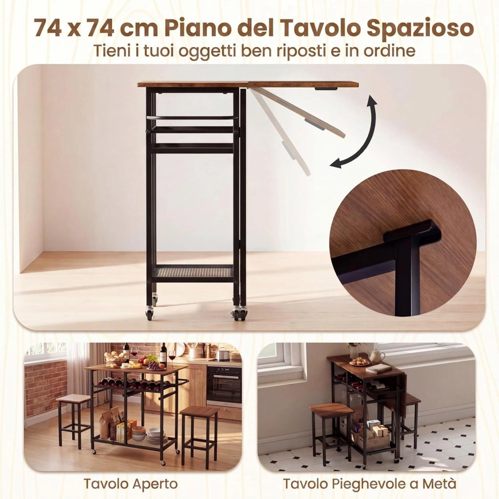 Set Tavolo da Pranzo Pieghevole 3 Pezzi, Tavolo Salvaspazio Estendibile con 2 Sgabelli con Ruote, Portabottiglie da 6 Posti, Ripiani e Maniglia Laterale per Cucina (Marrone,Modello 2)