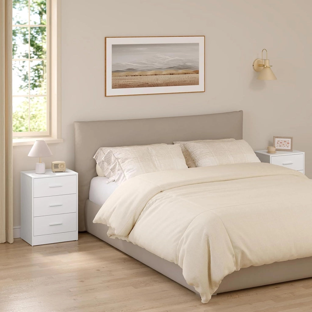 Set di 2 Comodini Moderni con 3 Cassetti, Grande Capacità, Tavolino da Letto per Camera da Letto, Soggiorno e Ufficio, 39x28x54cm, Bianco, NTS26hei-2