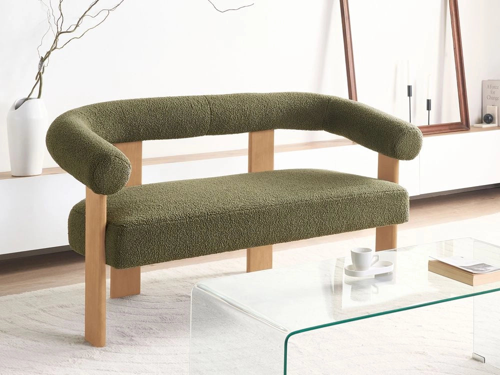 Divano a 2 posti Boucle verde e Marrone Scuro stile retrò gambe in legno