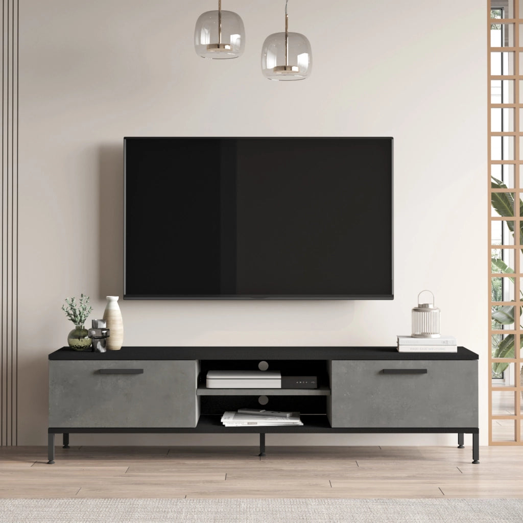 Mobile Basso 'Lempäälä' Supporto TV con Passaggio Cavi Consolle con Sportelli a Ribalta - Effetto Cemento / Nero [en.casa]