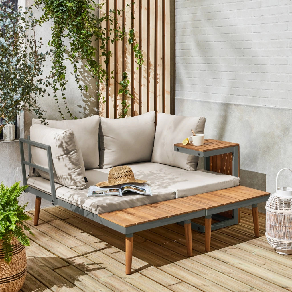 Salotto da giardino in alluminio e acacia,  4 posti, kaki