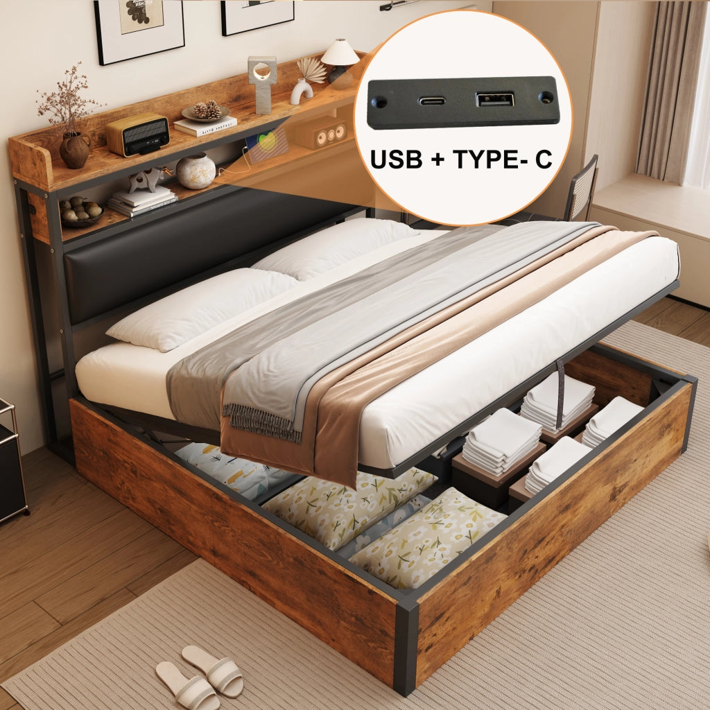 LETTO Contenitore 180x200 cm Nero in Metallo e Legno con USB
