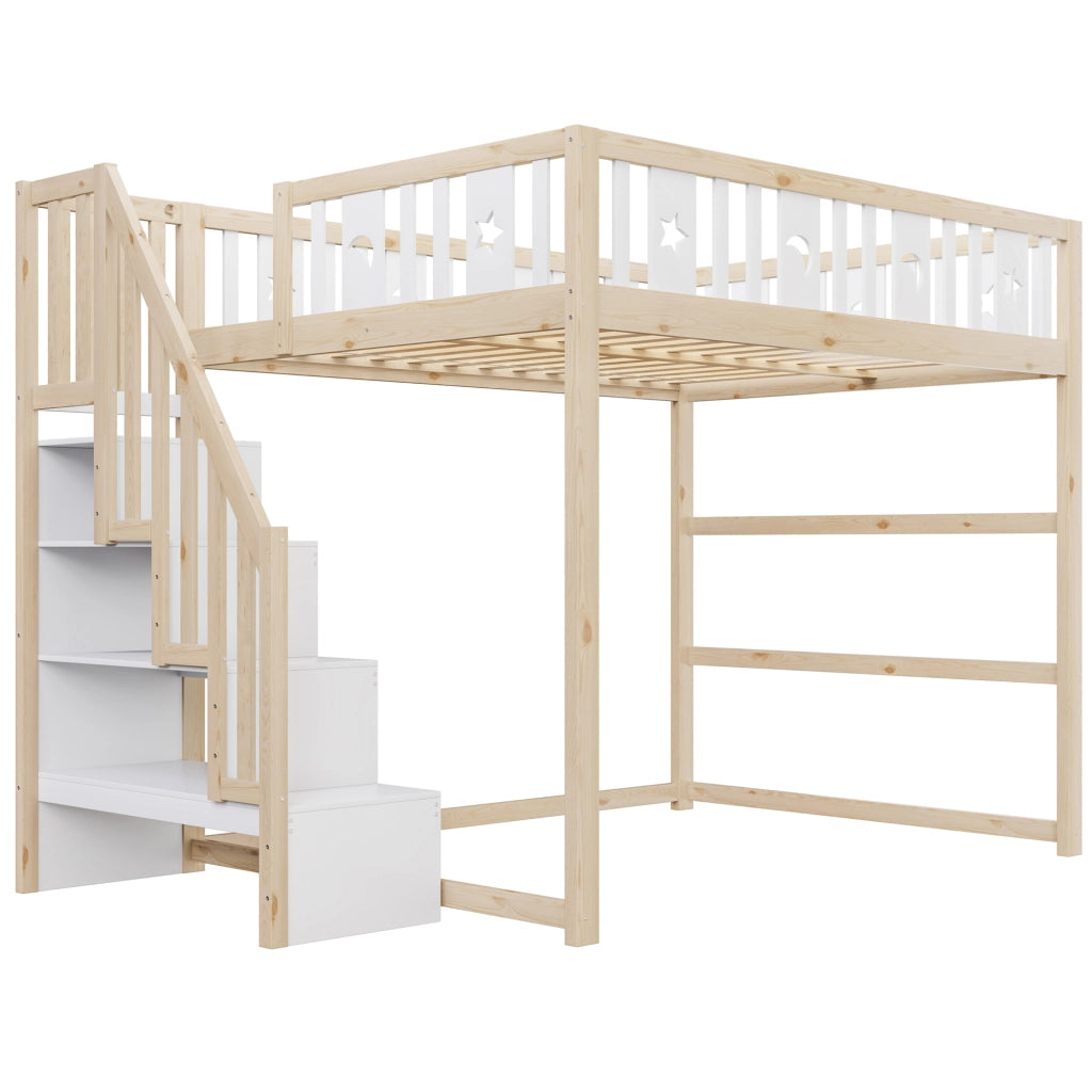 Letto a soppalco per bambini 140 × 200 cm con scala e ripiani, zona divano, senza materasso, legno massiccio bianco naturale