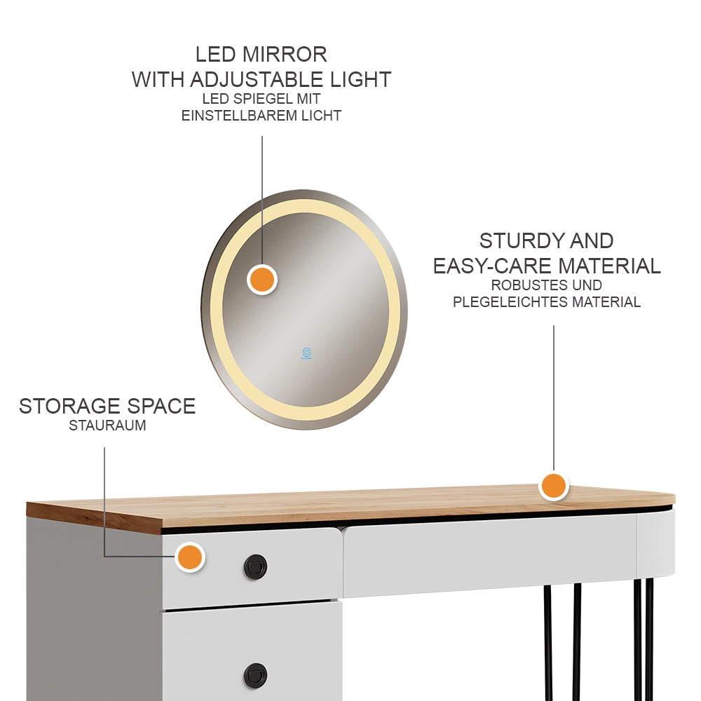 Vicco Tavolo da toilette Bianco/legno naturale 120 cm con specchio LED