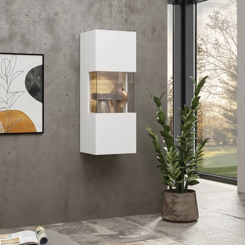 Piccola vetrina sospesa a 1 anta parzialmente vetrata collezione EVA. Colore bianco opaco e rovere.