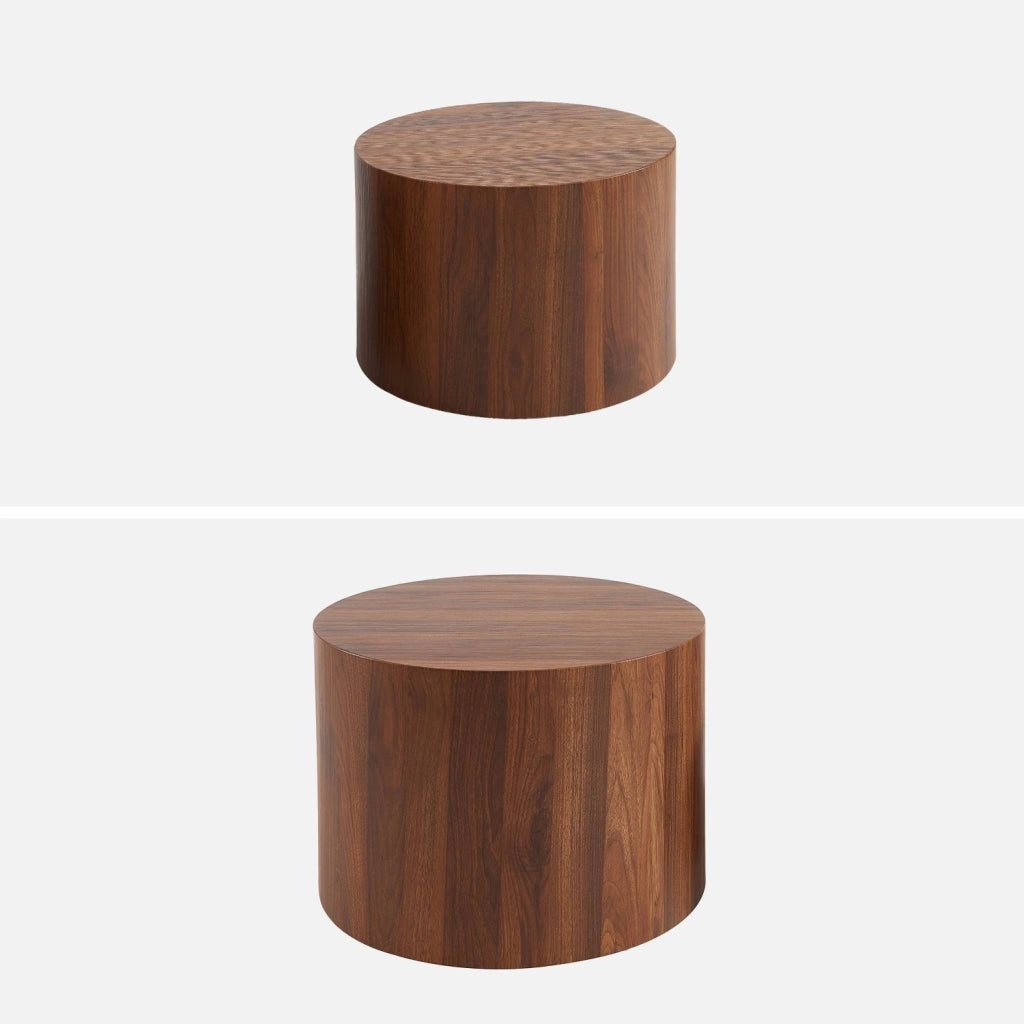 Set di 2 tavolini rotondi impilabili effetto quercia, noce