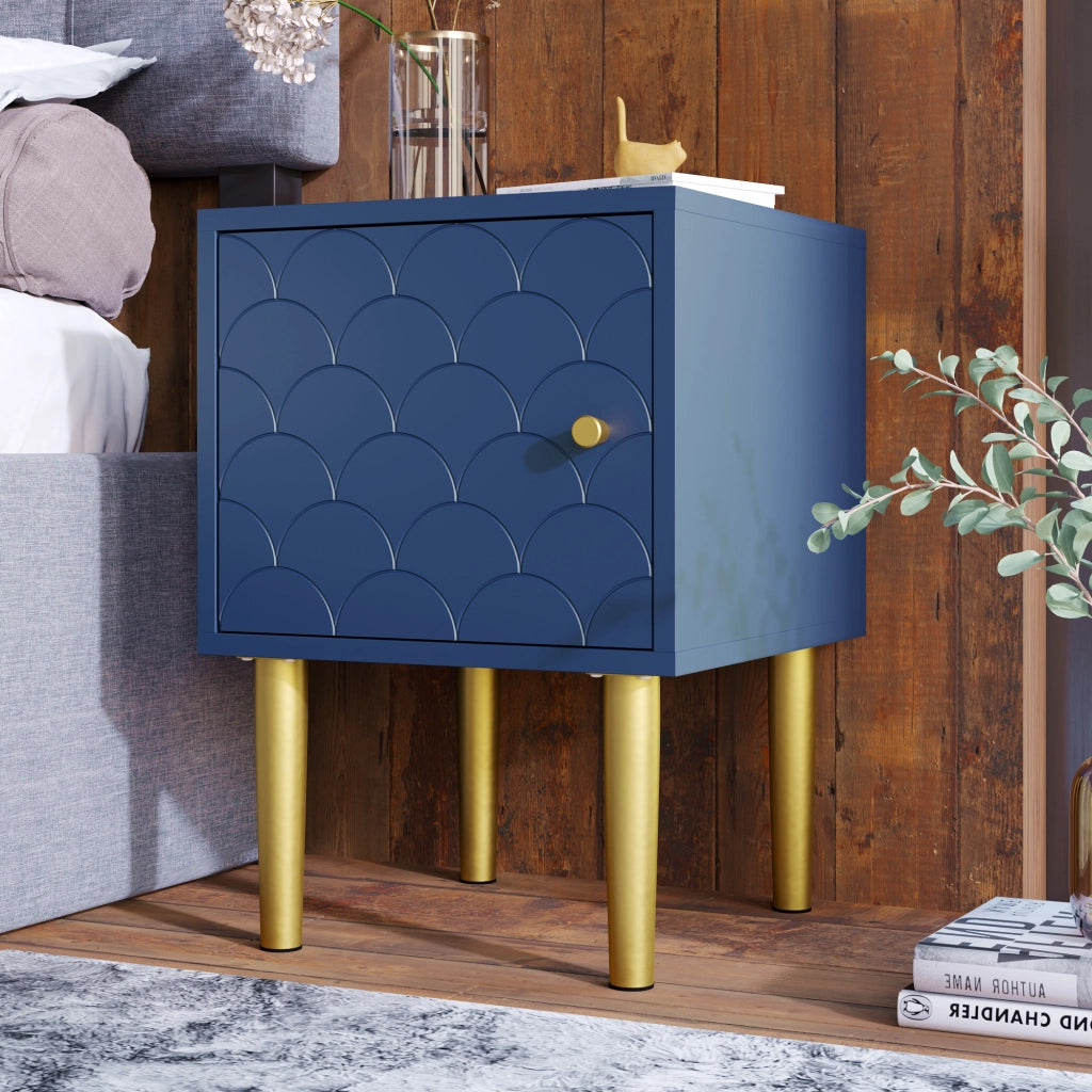 Set di 2 comodini con 1 anta, motivo a scaglie, in legno e metallo, per camera da letto e soggiorno, blu marino